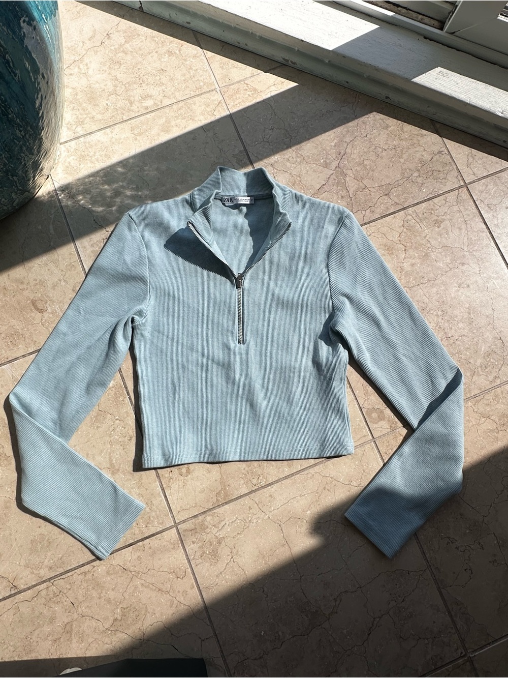 Zara Cropped Ribbed Zip Top - Pale Blue